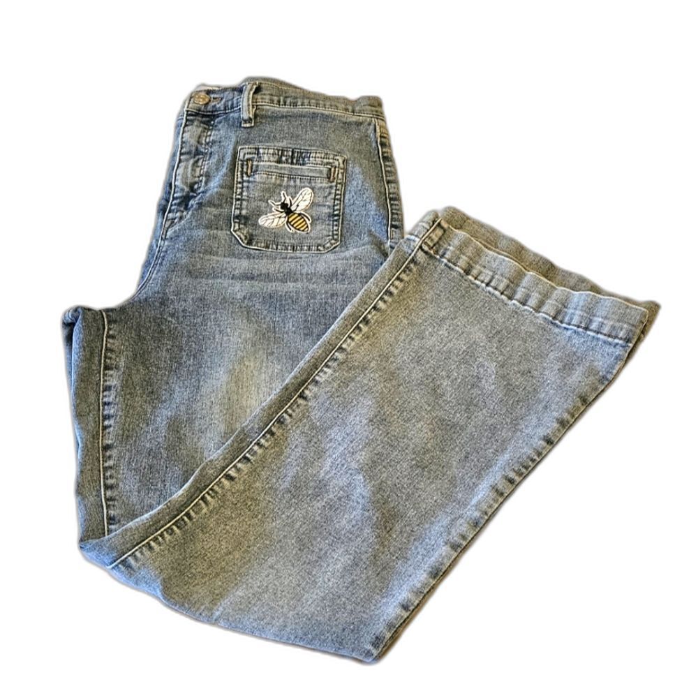 Nicole Miller Jeans Sz 14 Womens Nomad Patches High Rise Bell Bottom Faded Denim - Picture 3 of 16